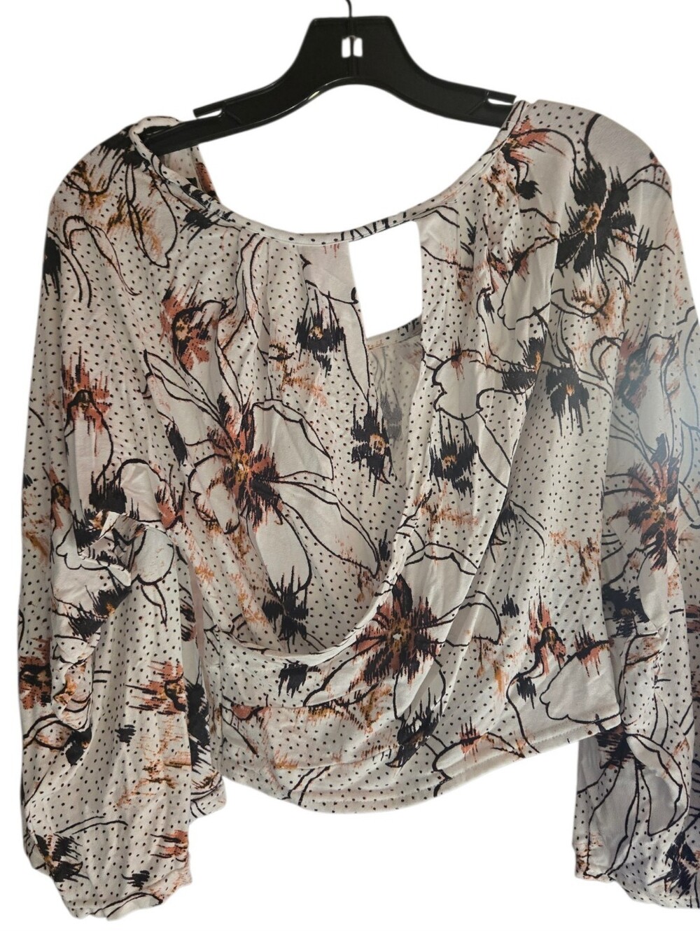 Free People White Floral Surplice Blouse with Black & Tan Accents